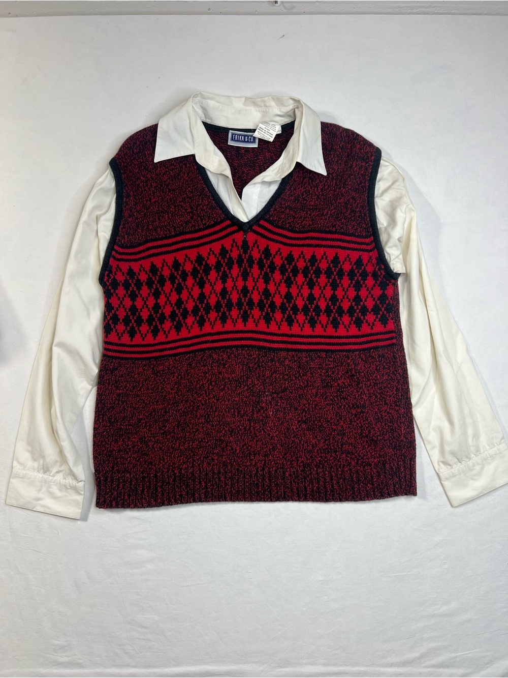 Erika & Co. red and black argyle sweater vest shirt